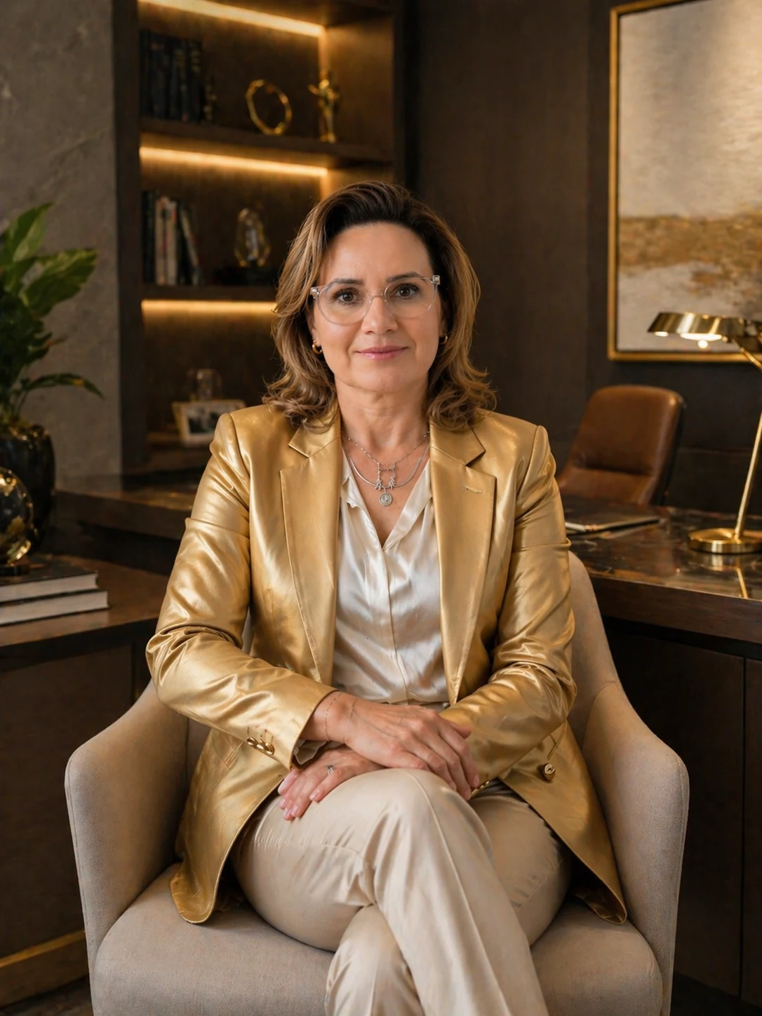 Lizz Zayyrem usando casaco dourado em escritório sofisticado
